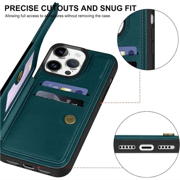 Green iPhone 15 Pro Leather Wallet Case RFID Blocking Magnetic Closure - Picture 3 of 5